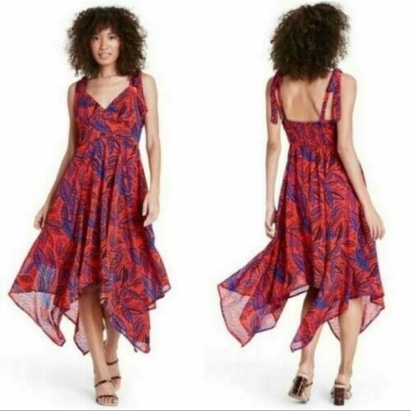 ALEXIS for Target Orange and Blue Botanical Asymmetrical Flowey Midi Dress - Picture 2 of 9